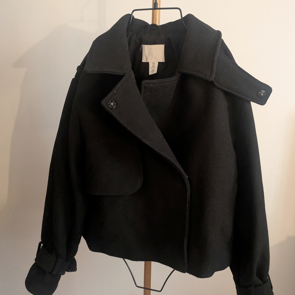 Black Wool Blend Pea Coat with Wide Collar